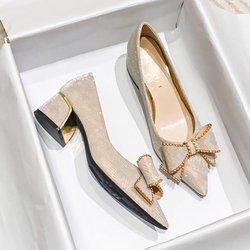 Damen High Heels Französisch Dick mit High Heels Spitz Einzelne Schuhe Schleife Dekoration In mit Großen Größe Schuhe Shopping Dating Party mit Schuhe 39 weiß