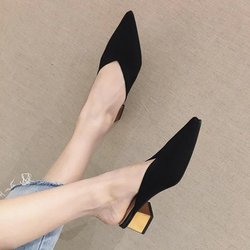 WTEMPO Hausschuhe für Frühling und Sommer mit umwickelter Spitze, Netzstoff, mittlerer dicker Absatz, spitze Zehenpartie, einfarbig, weiche Sohle, weiches Obermaterial, atmungsaktive Sandalen für den Außenbereich 39 schwarz
