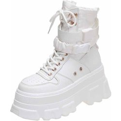 Damen-Stiefel mit höhenvergrößernder dicker Sohle, Keilabsatz, Schnürung, dekorative Damenschuhe, modische Damenstiefel 37 weiß