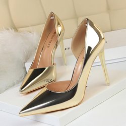 BIGTREE High Heels im europäischen und amerikanischen Stil, einfacher feiner Absatz, Metallabsatz, 10,5 cm hoher Absatz, flacher Mund, spitze Seite, hohl, sexy Einzelschuh 38 goldgelb