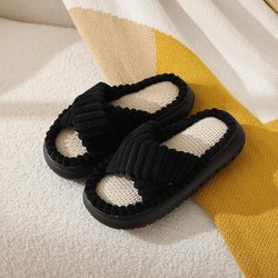 Damen Plüsch Hausschuhe mit Doppelriemen, Einfarbig Offene Zehenpartie Rutschfest Bequeme Pantoletten Schuhe, Mode Indoor Plateau Hausschuhe 44-45 coole schwarze