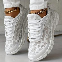 Einfarbige Sneakers mit Spitze für Damen, Plateau-Schnürschuhe mit weicher Sohle aus Mesh, atmungsaktive Low-Top-Schuhe für den Alltag 41 weiß