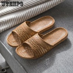 Leinengewebte Pantoletten für Damen, Outdoor-Schuhe, Sommer, rutschfeste Sandalen, weiche Unterseite, Rattangras, atmungsaktive Slipper, Outdoor-Strand-Flip-Flops 37-38 gold