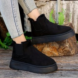 Flauschige Stiefel für Damen in Volltonfarbe, Plateaustiefel mit weicher Sohle und Fleecefutter, rutschfeste warme Winterstiefel aus Plüsch 37 coole schwarze