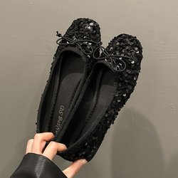 Sommerliche quadratische Zehenpartie, flache Ferse, Pailletten-Damen-Bohnenschuhe 39 schwarz