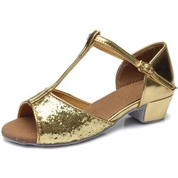 Tanzschuhe für Mädchen mit Pailletten, lateinamerikanische Tanzschuhe, Salsa-Tango-Schuhe für Tanzanfänger, 3 Farben, niedriger Absatz, 3,5 cm 34 gold