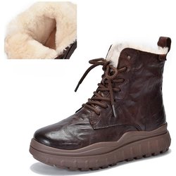 Dicke Sohle Wollstiefel Verdickte warme Baumwollstiefel Echtes Leder Retro Damen Kurze Stiefel 36 braun