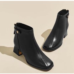 Damen Lederstiefel mit eckiger Spitze und dickem Absatz Weiche Lederstiefel Reißverschluss hinten Rutschfest Dünn Vintage Schlichter Stil Lederschuhe 39 schwarz