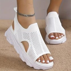 Neue Damen-Plattform-Stricksandalen, atmungsaktiv, Peep-Toe, aushöhlen, Slip-on-Schuhe, lässige Outdoor-Slingback-Sandalen 37 weiß