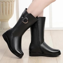 Mid-Tube-Stiefel Herbst Winter Damenstiefel Plus Samt Baumwollstiefel Flache Sohle Flache Absätze Damenschuhe Mid-Stiefel Lederstiefel mittleren Alters 35 schwarz