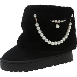Winter Perlenketten Dekor Warme Schneestiefel für Damen 2025 Neue Flauschige Plüsch Plateau Stiefeletten Mädchen Dicke Sohle Baumwollschuhe 39 schwarz
