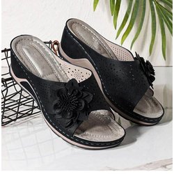 Frauen Sandalen Weiche Heels Sommer Sandalen Mit Keile Schuhe Frauen Blume Hausschuhe Casual Plattform Schuhe Plus Größe 43 35 schwarz