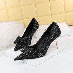 Mode-Bankett-Damenschuhe, dünner Absatz, hoher Absatz, flacher Mund, spitze Diamant-Fliege, Damen-Einzelschuhe, Hochzeitsschuhe, 7 cm 36 schwarz