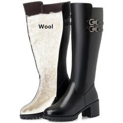 Frauen Echtes Leder Winter Wolle High Heel Hohe Stiefel Große Größe Warme Schnee Stiefel Frauen 41 schwarz