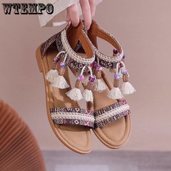 Bestickte Sandalen Damen Sommer Bohemian Ethno-Stil Retro Quaste Roman Trootoe Reise Damenschuhe 41 bunt