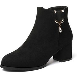 Damen Lederstiefel aus Wildlederimitat, mattierte Haut, kurzer Zylinder, hoher Absatz, runder Kopf, Wasserbohrer, seitlicher Reißverschluss, dicker Absatz, rutschfeste Pendlerschuhe, weiche Sohle 40 schwarz