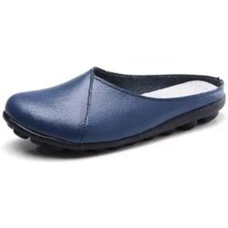 Johnature Draußen Echtes Leder Bequeme Runde Zehe Einfarbig Lässig Nähen Frau Hausschuhe Sandalen Ballerinas Pantoletten 39 navy blau