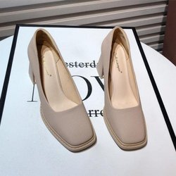 WTEMPO Einzelschuhe Damen Frühling Sommer Vielseitige Weiche Leder Quadratische Zehenpartie Dicker Absatz Bequeme Anti-Rutsch High Heel Pumps Einfarbig Arbeitsschuhe 35 apricot