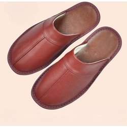 Kuh Leder Hausschuhe Männer Große Größen Leinen Hause Männliche Innen Haus für männer Hausschuhe Frauen Mann Slipper Luxus Weiche flache Schuhe 42-43 wein rot