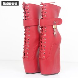 18CM Ultra High Heel Ballettstiefel Seltsame Keilsohle Sexy Fetisch Kreuzgebundene abschließbare Stiefeletten mit Schlössern 46