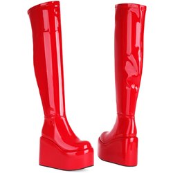 Krazing Pot PU-Leder Frühling Winter Warm halten Schuhe Super High Heels Wasserdichte Keile Stretch Stiefel Reißverschluss Damen Overknee-Stiefel 42 rot