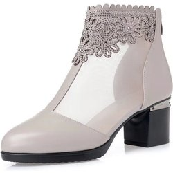 Echtes Leder Weiche Mesh Stiefel Weibliche Grobe Ferse Frühling und Sommer frauen Schuhe Große Größe Mutter der Schuhe High Heel weibliche Einzelne Stiefel 35 beige