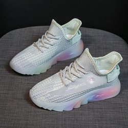 Damen Frühlings-Sneaker Regenbogen Weiche Sohle Flyweaving Kokos Damen Schuhe Mesh Atmungsaktiv Sportlich Lässig Laufschuhe 40 grün