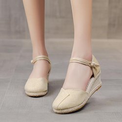 Patchwork Frauen Leinen Keil Espadrilles Sandalen 6cm High Heel Sommer Elegante Dame Close Toe Schuhe Schwarz Rot Weiß Beige 39 beige