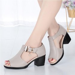 Damenmode Fischmaulschuhe Blockabsatz Metall dekorative Schnalle Sandalen Freizeitschuhe Sandalen Sommer Damensandalen 40 grau