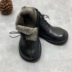 Johnature Echtleder-Winterstiefel für Damen, mit Reißverschluss, runder Spitze, flach, mit handgefertigten Freizeit-Nähstiefeln für Damen 39-Plush