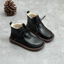 Johnature Vintage-Stiefel aus echtem Leder mit weicher Sohle, runder Spitze, zum Schnüren, lässig, handgefertigt, vielseitig, kurze Stiefel 40-Plush schwarz