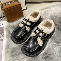 Baumwollschuhe für Damen, Herbst und Winter, Kawaii-Mode, Allgleiches, britischer Stil, Biskuit-Plattform, niedliche Retro-Slipper mit Schleife 40 schwarz