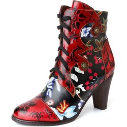 Spitze High Heels Damen Europa, Amerika und 2024 neue ethnische erste Schicht Rindsleder handgefertigt geprägte Retro hohe Damenstiefel 42 rot