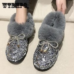 Damen Winter Warme Kurze Baumwollstiefel Weibliche Große Größe Pailletten Rutschfeste Flache Schneestiefel 36
