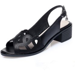 WTEMPO Damen-Sommersandalen aus weichem Ledernetz, undichte Zehenpartie, Fischmaul, dicker Mittelabsatz, hohler Strass, weiche Sohle, atmungsaktiv, rutschfest, High Heels 41 schwarz