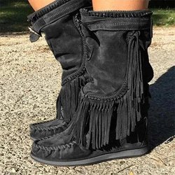 Piratenstiefel Damen Plissee Quaste Stiefel Mittelhohe Stiefel Damen Nähschuhe Schnalle Leder High Heels Schuhe Damen Übergröße Reißverschluss 43 schwarz