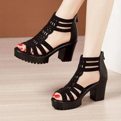 Schwarze hochhackige Sandalen für Damen, Peep-Toe, Strass-Design, Retro-Römerstil, dicke Sohle, wasserdichte Plattform, Sommer 35 schwarz