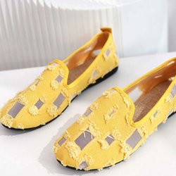 Ausgehöhlte flache Stoffschuhe Damen Einzelschuhe Mesh-Schuhloch Leichte lässige Bohnenschuhe mit dicker Sohle Frühling und Sommer 40 gelb