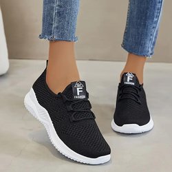 Atmungsaktive Strick-Sportschuhe für Damen mit dicker Sohle, lässige Outdoor-Schnürschuhe, bequeme Laufschuhe mit niedrigem Schaft 39 schwarz
