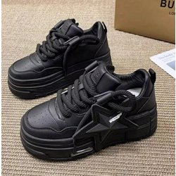 Europäische Damen-Plateau-Sneaker: 2024 Frühling Leichte Mode Lässige Weiße Schuhe mit Dicken Sohlen 36 schwarz