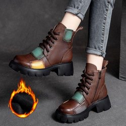 Kurze Stiefel aus echtem weichem Leder für Damen im Herbst und Winter im Ethno-Stil, kurze Röhre, dicker Absatz, Einzelstiefel mit Retro-Patch, wasserdichte Plateaustiefel 41