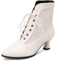 Damen Viktorianische Stiefeletten Leder Schnürschuhe mit Absatz Mode Schnürschuhe-48 40 weiß