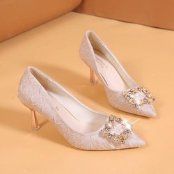 WTEMPO Damenschuhe mit spitzer Spitze und dünnem Absatz für Frühling und Herbst, niedriger Absatz, einfarbig, Strass, weiche Sohle, Slip-on-Schuhe mit hohem Absatz, leicht, rutschfest 40 champagner