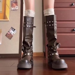 Neue Stil Mode Frauen Plattform Gothic Knöchel Kampfstiefel Nieten Kette Keile Punk Zip Booties Herbst Winter Motorradschuhe 37