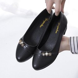 Einzelner Schuh Damen Niedriger Absatz Frühling Neuer Stil Flacher Mund Dicker Absatz Damen Lederschuhe Schwarze Arbeitsschuhe 40