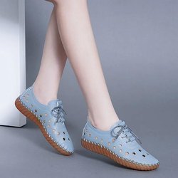 Frauen Sommer Weiche Leder Hohl Schuhe Loch Schuhe Sehnen Unten Sandalen Flache Freizeitschuhe Weichen Boden Bequeme Mutter Schuhe 38 blau