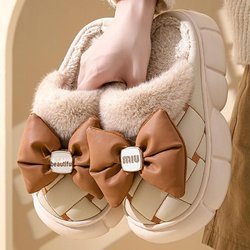 Damen Winter Schleife High Heel Baumwollpantoffeln - Dicke Sohle, Plus Samt, Warme Freizeitkleidung 38-39 beige