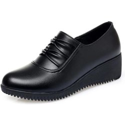 Schwarze dünne Arbeitsschuhe aus weichem Leder für Damen mit einzelnem Keilabsatz, rutschfeste Freizeitschuhe aus weichem Leder mit hohem Absatz, können zur Arbeit getragen werden 35 schwarz