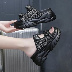 Damen-Hausschuhe tragen Keilabsatz-Muffin-Sandalen mit hohen Sohlen, lässige und modische Damenschuhe für den Sommer 40 schwarz