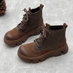 Johnature Vintage handgefertigte kurze Stiefel aus echtem Leder mit dicker Sohle und runder Spitze zum Schnüren 39 graue